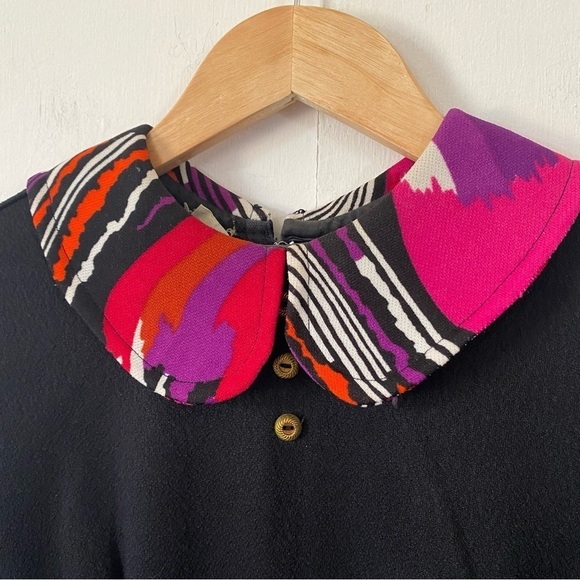 Vintage 60s Psychedelic Print Dress Retro Mod Mini Black Peter Pan Collar Small - Picture 2 of 10